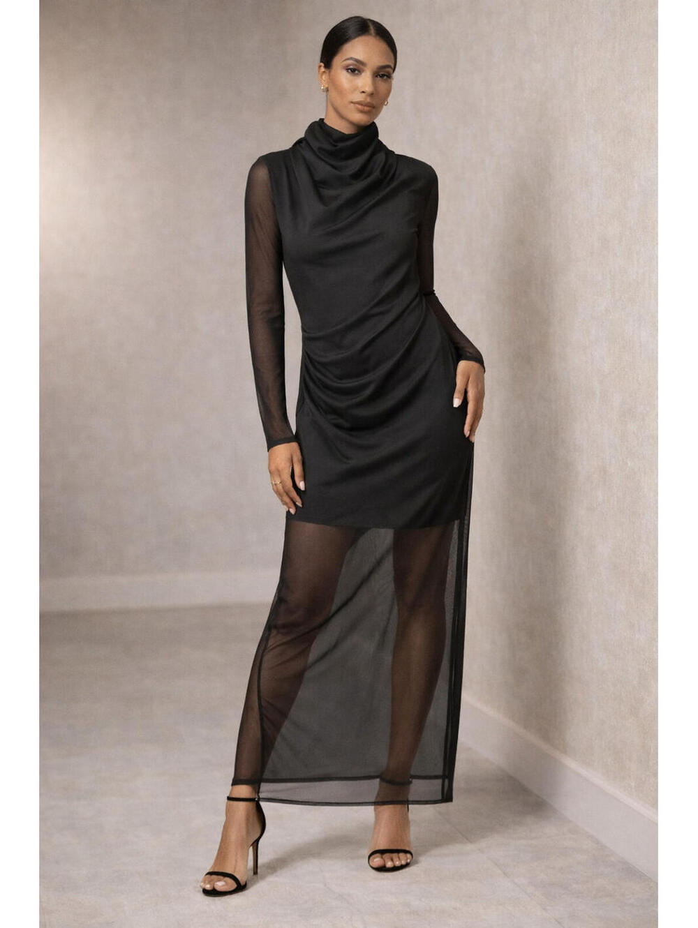 Adrienne Landau Black Draped Sheer Dress Rose Quartz Collection High Neck NWT Sm